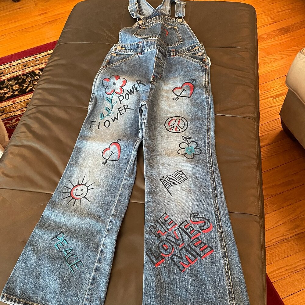 Vintage Bongo Cotton Overalls, girls YOUTH size L 14, painted jean dungarees